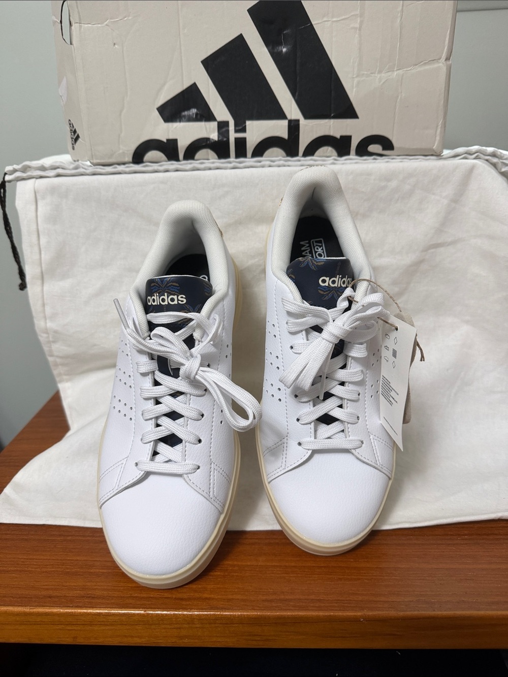 adidas White Leather Sneakers with Navy Tongue and Cream Soles